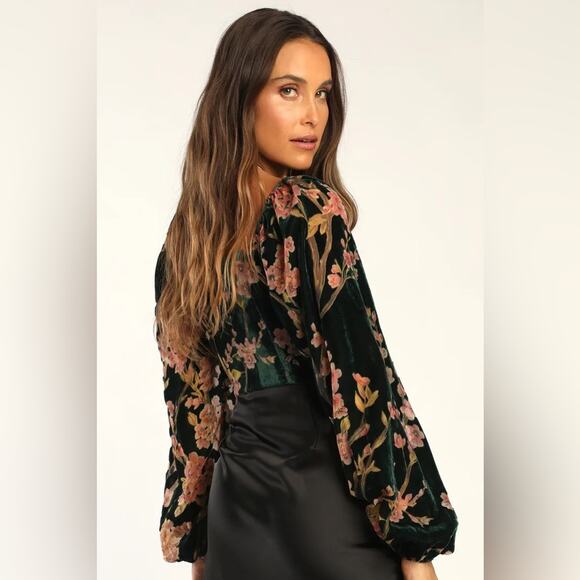 Lulus Luxe Romance Emerald Velvet Floral Burnout Long Sleeve Bodysuit - Picture 2 of 8